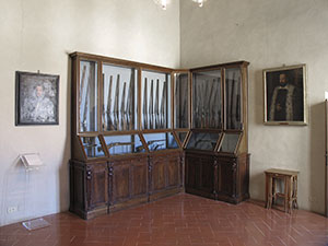 Room with display case containing rifles. Villa Medicea di Cerreto Guidi - Museo Storico della Caccia e del Territorio.