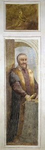 Ritratto di Galileo Galilei con toga accademica e cannocchiale. Affresco di Giacomo Ciesa, sec. XVIII (Padova, Museo la Specola, Osservatorio Astronomico, Sala delle Figure).