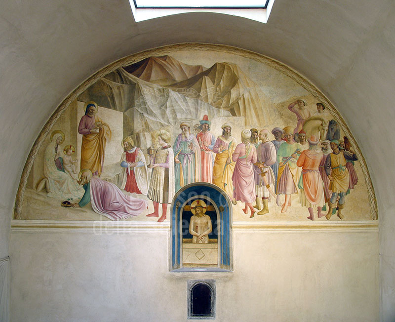 Fresco by Fra Angelico and Benozzo Gozzoli  with the "Adoration of the Magi and Christ the Man of Sorrows" in the cell of  Cosimo de' Medici (no. 39),  Museo di San Marco, Florence.