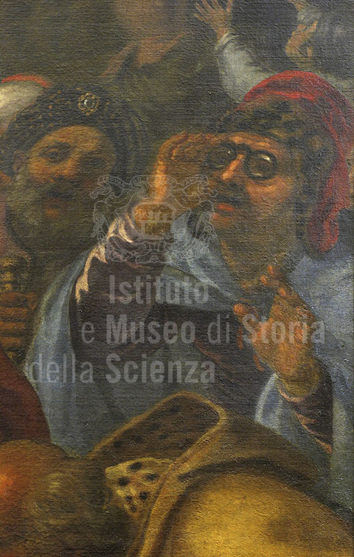 Oil on canvas by Giovanni Bilivert representing the "Miracle of St. Paul" (1644), formerly in the Serragli Chapel of the Basilica di San Marco and now displayed in the Museo di San Marco, Florence: detail of person wearing glasses.