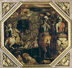 Painting by Giorgio Vasari and Giovanni Stradano.representing the "Battle of Marciano in Val di Chiana", Palazzo Vecchio, Salone dei Cinquecento, Florence..