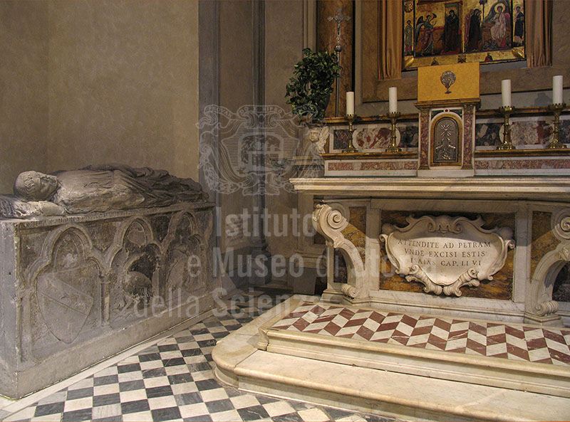 Church of Santa Maria Maggiore in Florence: the sepulchral epigraph of Salvino d'Armato degli Armati is now located in the lower corner of the chapel to the left of the presbitery, adjacent to the sarcophagus with a reclining statue of Bruno del Beccuto.