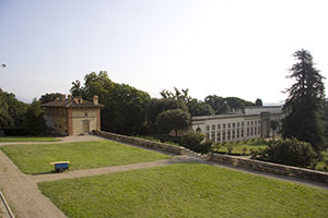 View of the garden facing the orangery of Villa Ambra, Poggio a Caiano.