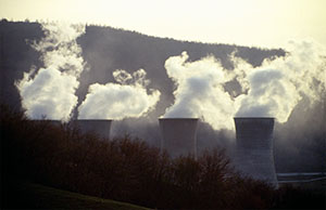 Cooling towers of the geothermal energy plants, Larderello.