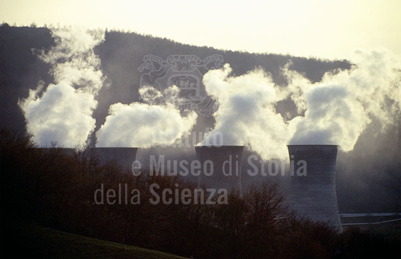 Cooling towers of the geothermal energy plants, Larderello.