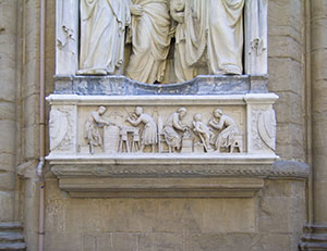 Tabernacle of the Four Crowned Saints, bas-relief depicting the saints engaged in work tied to the Art of Building, Nanni di Banco, 1408, Orsanmichele, Florence.