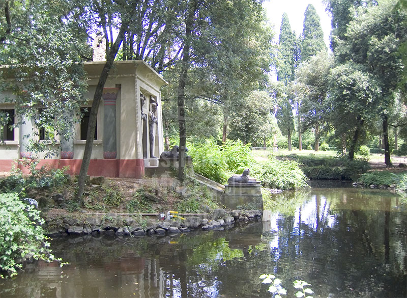 Little Egyptian temple and man-made lake in the Stibbert Garden, Florence.