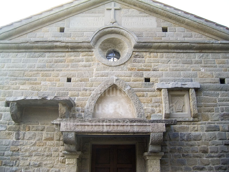 Detail of the facade of the Chapel on Via Boccaccio on the grounds of Villa Schifanoia, Fiesole.