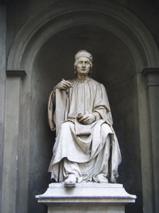 Statue of Arnolfo di Cambio looking towards the Cathedral he designed, Florence.