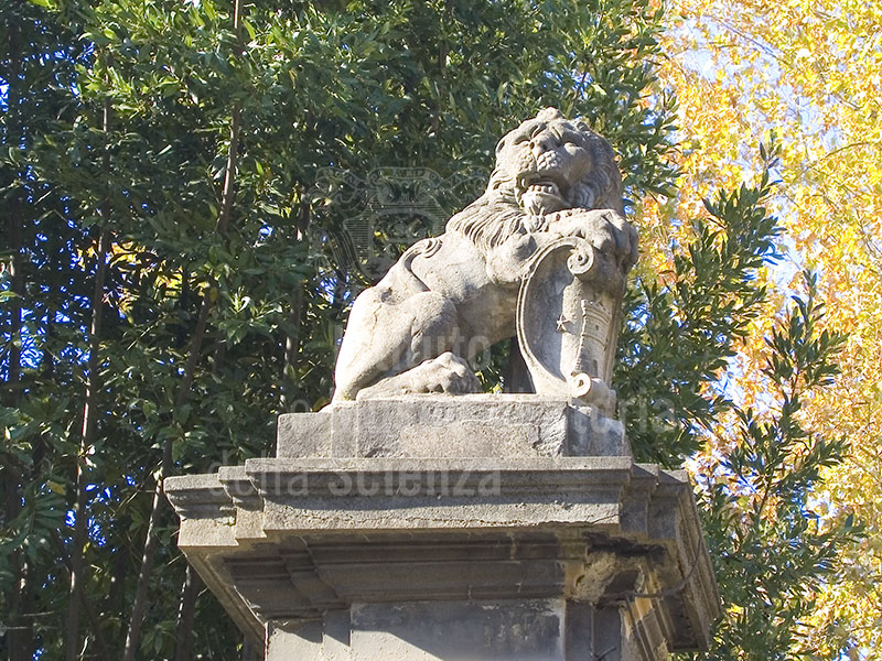 Lion and coat of arms on the entrance gate of the Torrigiani Garden from Via de' Serragli, Florence.