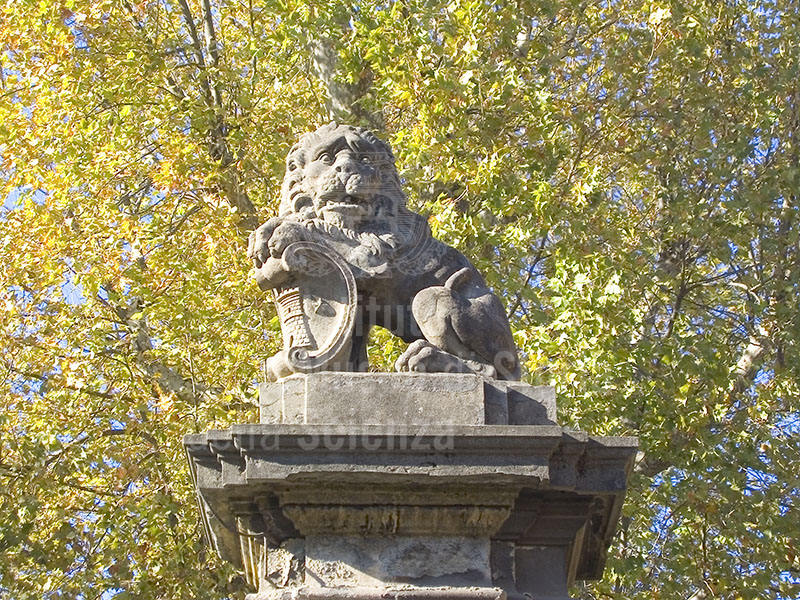 Lion and coat of arms on the entrance gate of the Torrigiani Garden from Via de' Serragli, Florence.