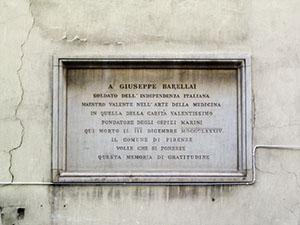 Plaque on the facade of the house of Giuseppe Barellai, Florence.