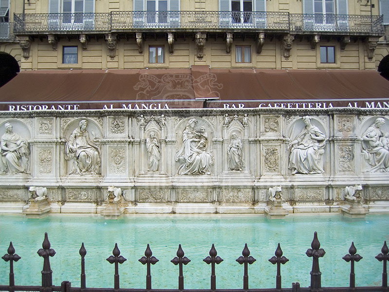 Sculptural decorations on Fonte Gaia in Piazza del Campo, Siena.