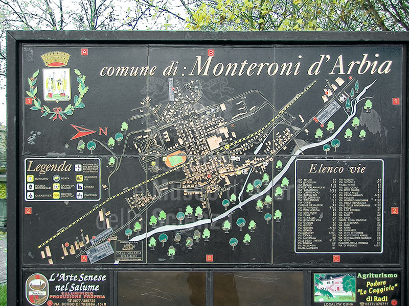 Mappa di Monteroni d'Arbia con indicazione del percorso delle canalizzazioni di servizio al mulino.
