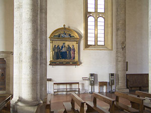 The interior of the Cathedral of Pienza with the walls free of frescoes, in accordance with the edict of Pius II.