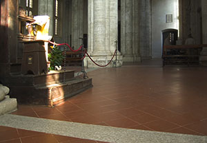 The interior of the Cathedral of Pienza.  Note the inclination of the floor, owing to deep subsidence.