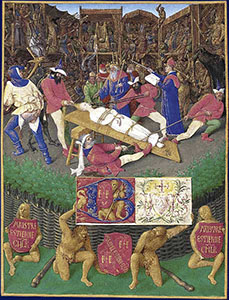 Jean Fouquet, il "Martirio di Santa Apollonia", miniatura, Muse Cond, Chantilly. La scena di martirio  impostata come una sacra rappresentazione.