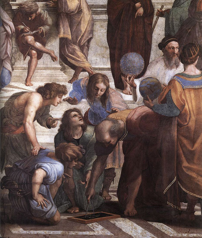 Raffaello Sanzio, La scuola di Atene, 1509-1510, particolare con la raffigurazione di Euclide (Musei Vaticani, Stanza della Segnatura, Citt del Vaticano).