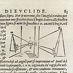 Camera oscura con specchio per raddrizzare l'immagine (E. Danti, La prospettiva di Euclide..., 1573)